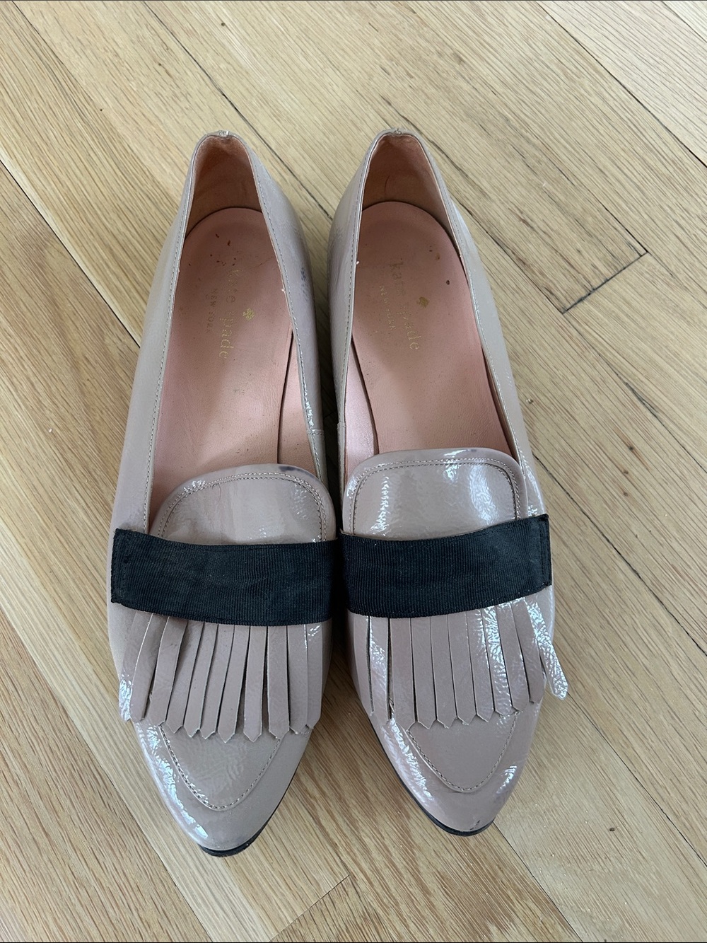 kate spade Patent Leather Fringe Loafers in Taupe with Black Band